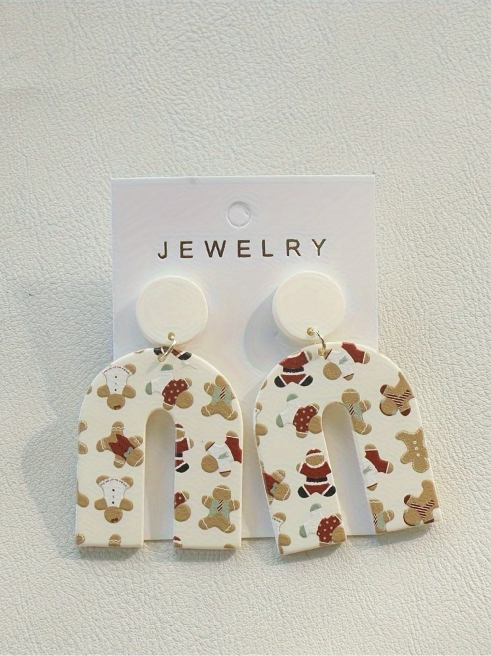White Arch Dangle Earrings with Holiday Gingerbread Print